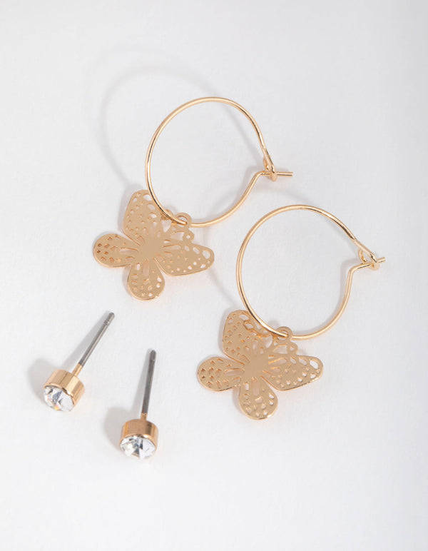 Gold Fine Butterfly Stamp Hoop Earrings