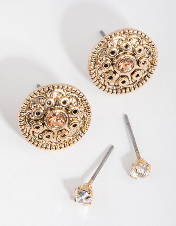 Antique Gold Etched Disc 2-Pack Stud Earring
