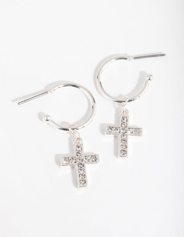 Silver Diamante Cross Huggie Earrings