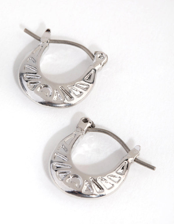 Rhodium Carved Huggie Earrings