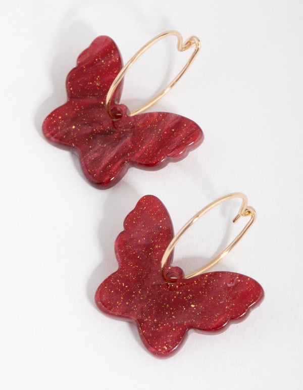 Gold Glitter Acrylic Butterfly Hoop Earrings