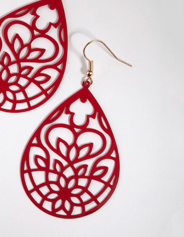 Red Stamp Flower Drop Earrings