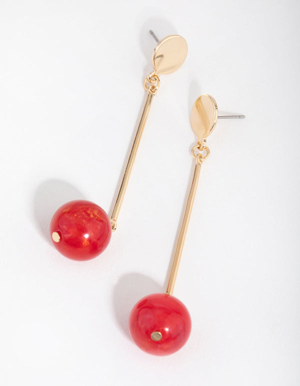 Gold and Red Swirl Ball Bar Drop Earrings