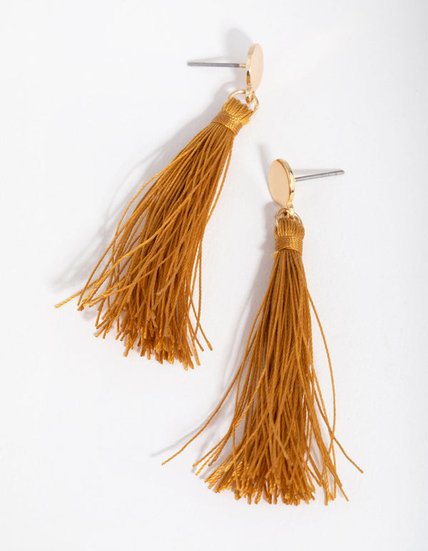 Gold Stud Long Tassel Drop Earrings