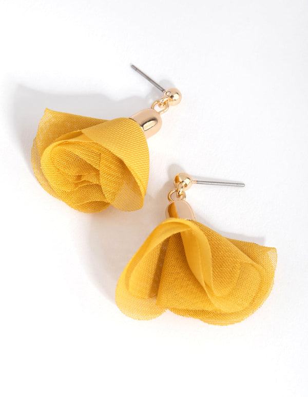Gold and Yellow Fabric Flower Drop Earrings