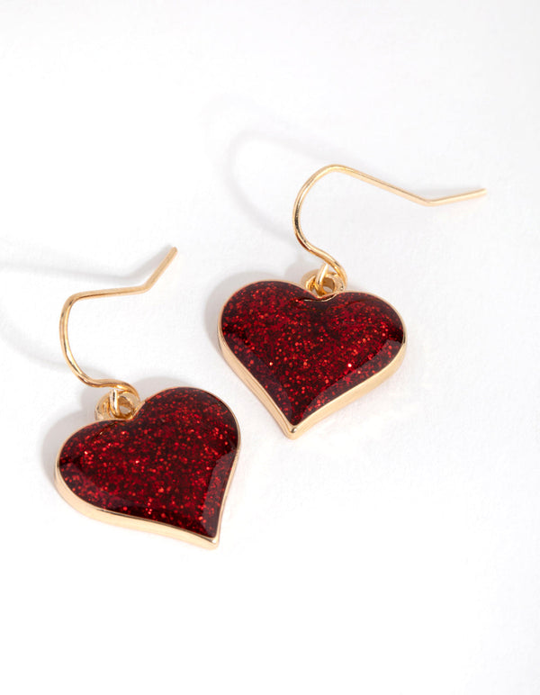 Gold Glitter Heart Drop Earrings
