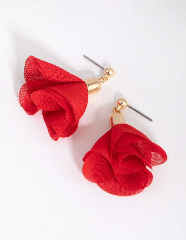 Gold and Red Fabric Flower Drop Earrings
