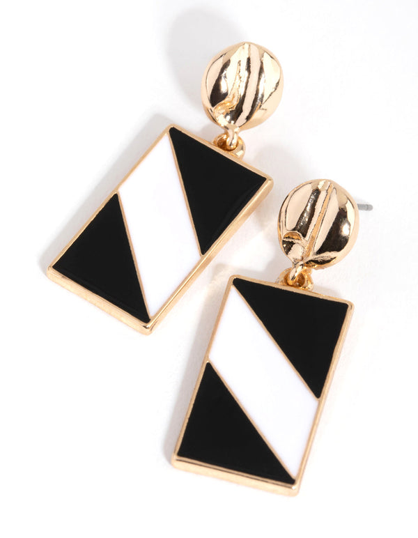 Gold Enamel Stripe Rectangle Earrings