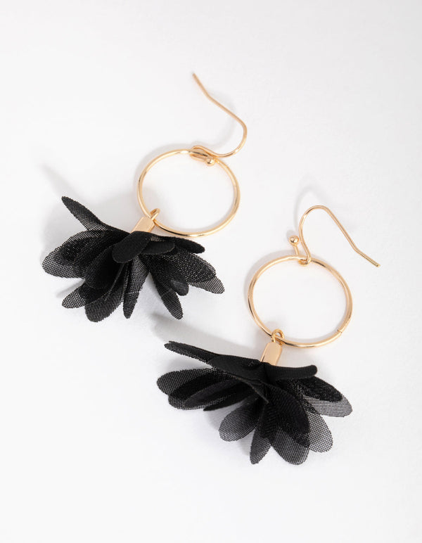 Gold and Black Fabric Flower Drop Earrings