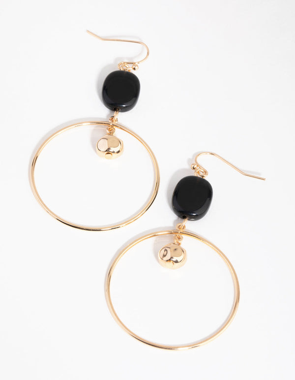Gold Black Beaded Hoop Earrings