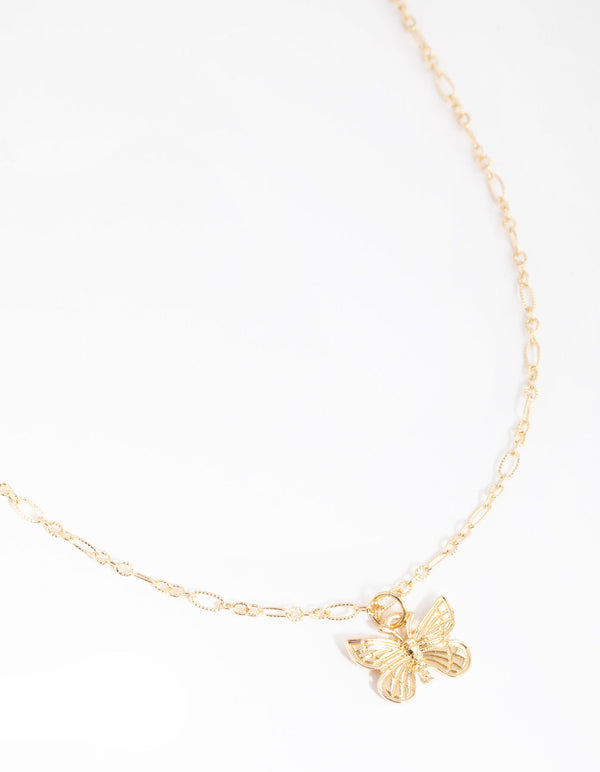 Gold Diamond-Cut Chain Butterfly Necklace