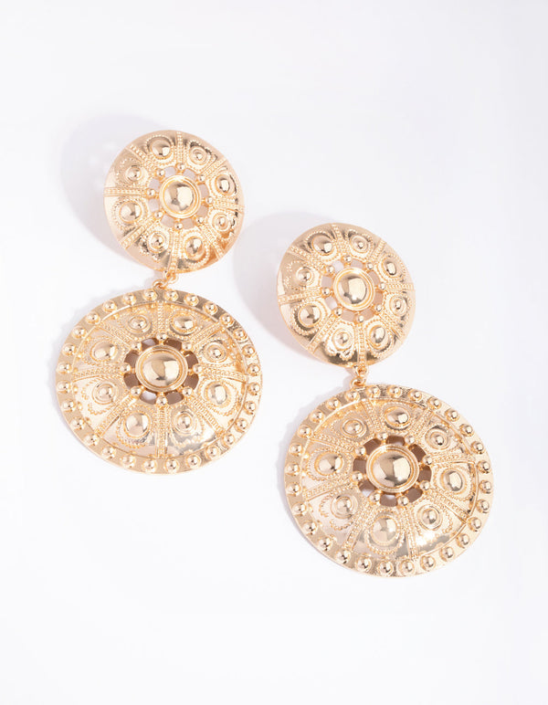 Gold Large Engraved Circle Drop Earrings