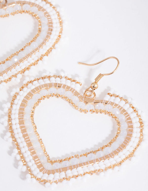 Gold Beaded Heart Drop Earrings