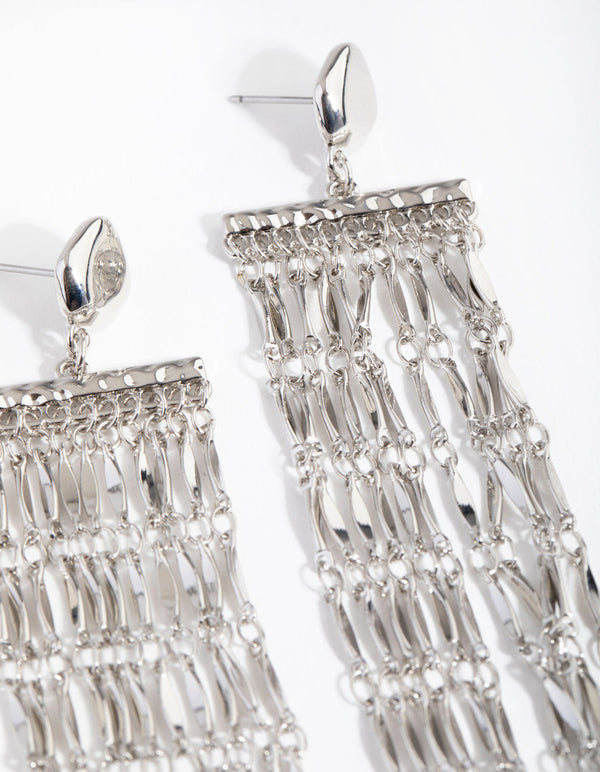 Rhodium Long Metal Tassel Drop Earrings