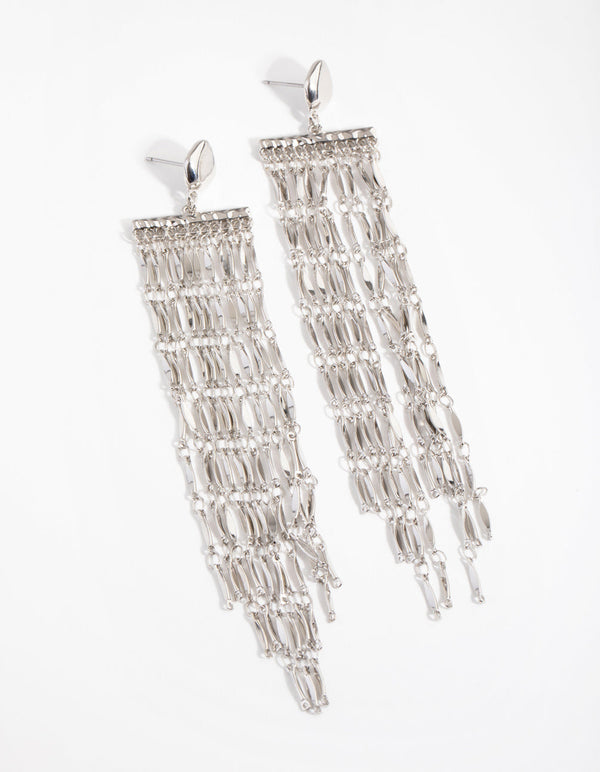 Rhodium Long Metal Tassel Drop Earrings