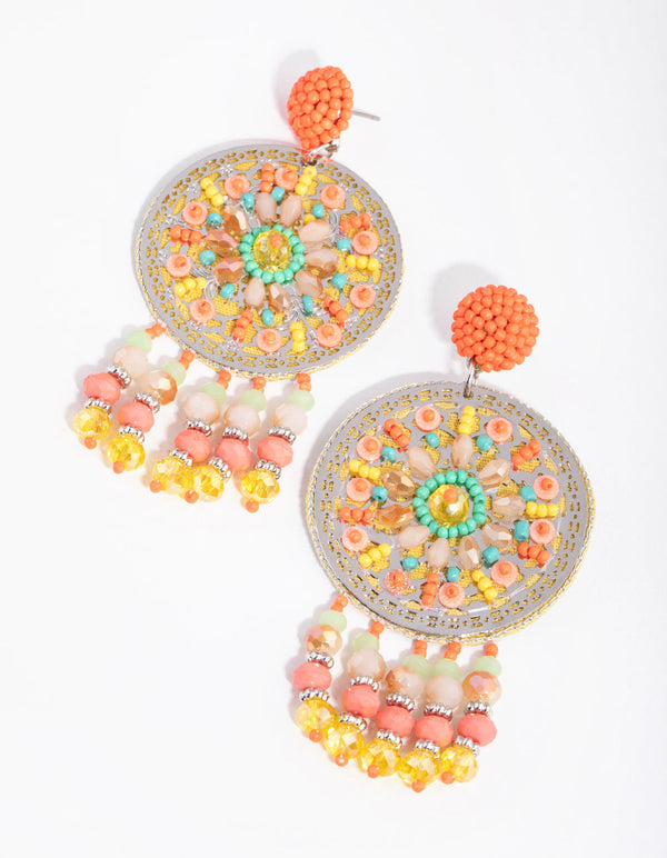 Large Beaded Circle Tassel Earrings