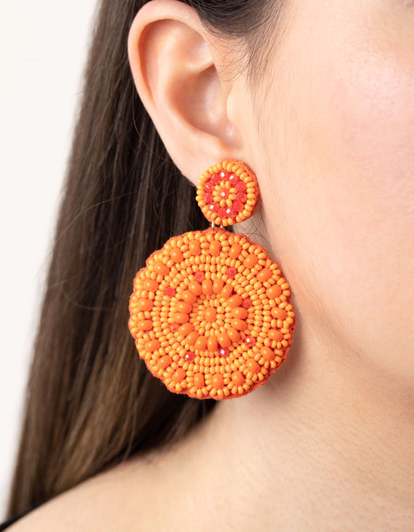 Orange Flat Circle Beaded Drop Earrings