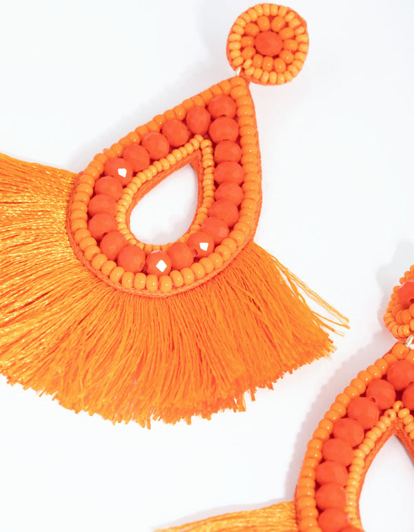 Orange Thread Fan Beaded Drop Earrings