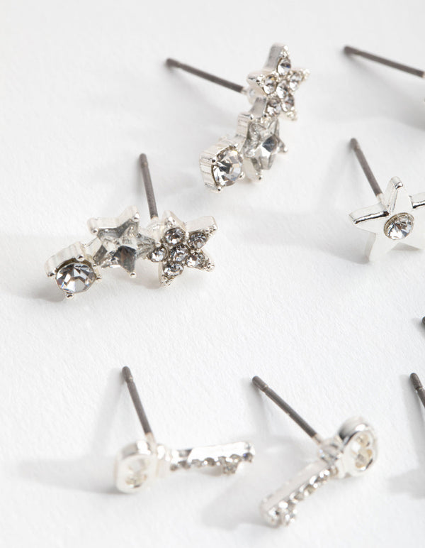 Silver Diamante Key and Star 8-Pack Earring