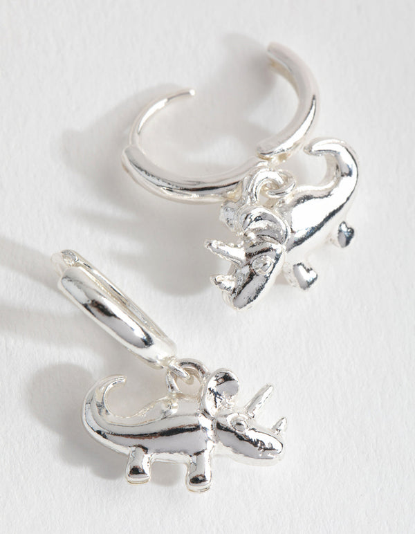 Silver Triceratops Huggie Earrings
