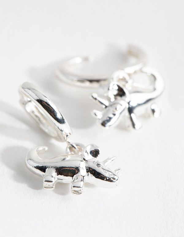 Silver Triceratops Huggie Earrings