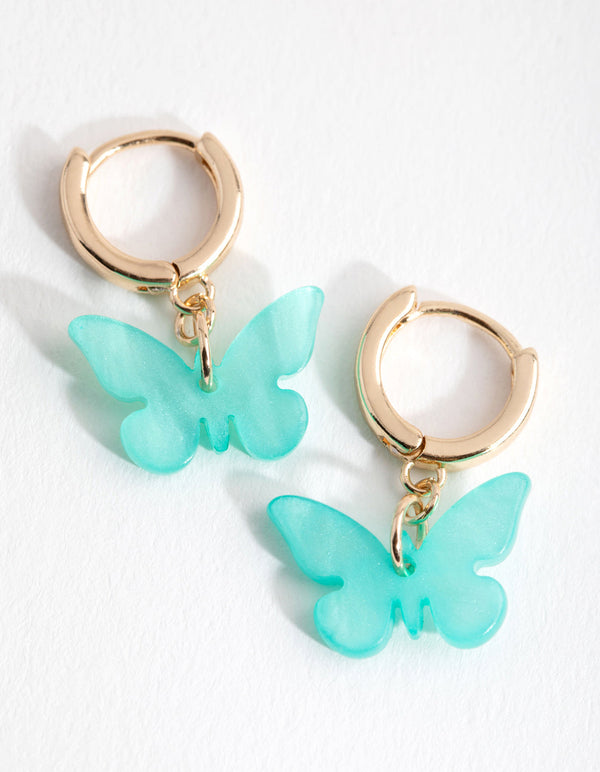 Gold Blue Acrylic Butterfly Huggie Earrings