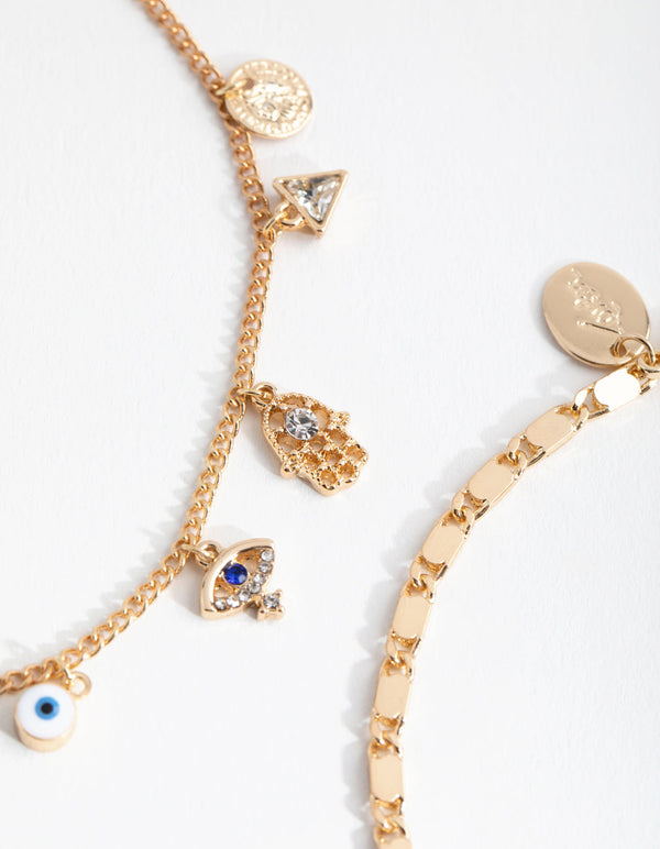 Gold Evil Eye Charm 2-Pack Anklet