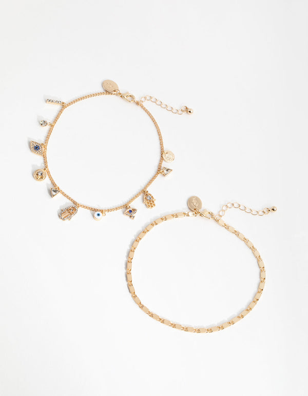 Gold Evil Eye Charm 2-Pack Anklet