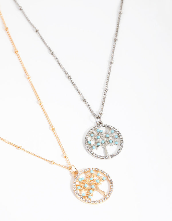 Mixed Metal Diamante Tree 2-Pack Necklaces