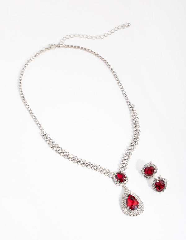 Rhodium Teardrop Surrounded Earrings and Necklace