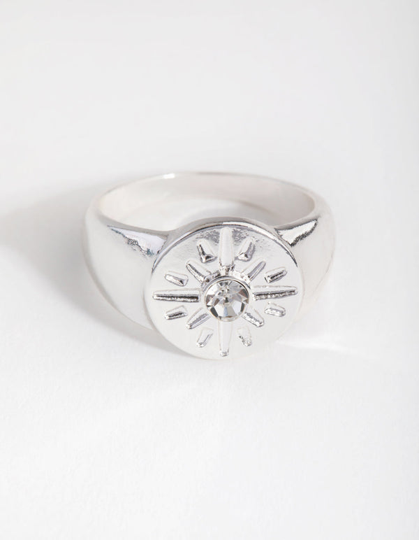 Silver Star and Crystal Signet Ring