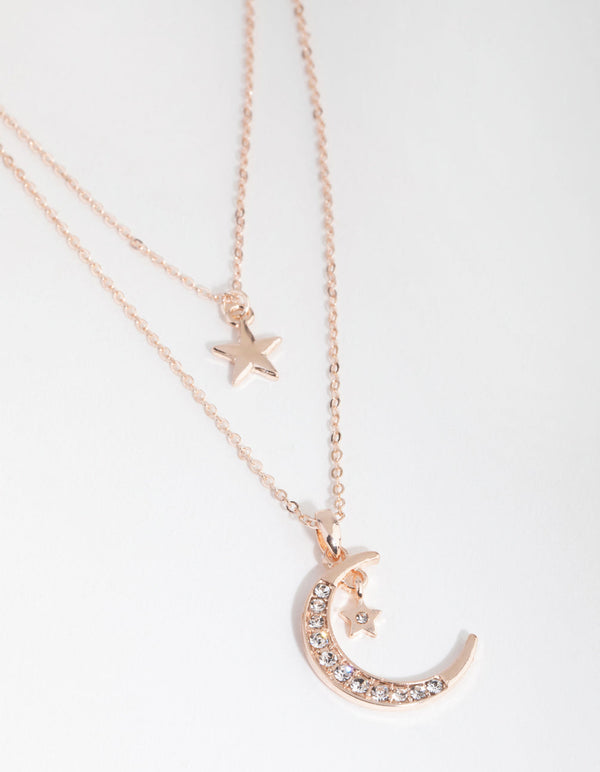 Rose Gold Diamante Moon and Star Necklace