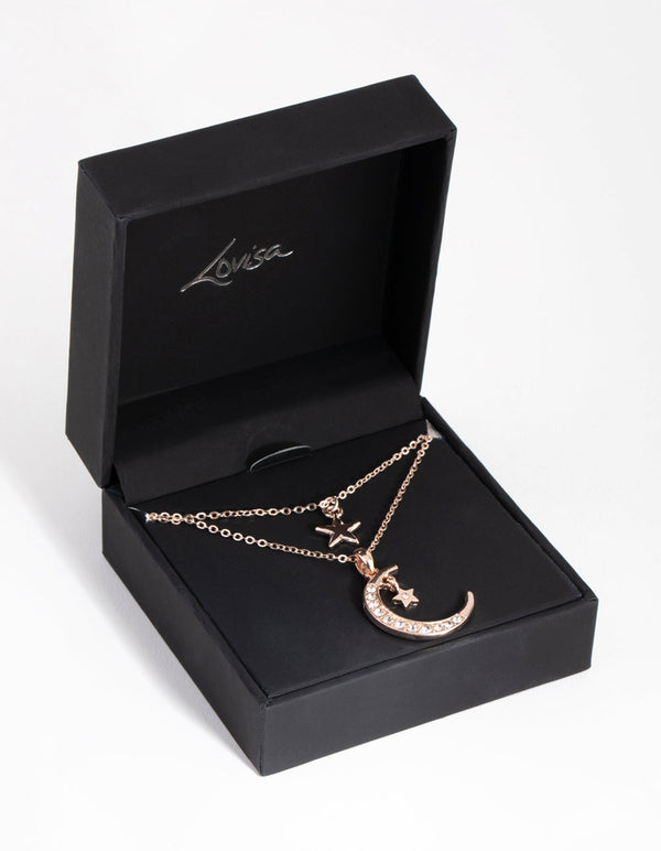 Rose Gold Diamante Moon and Star Necklace