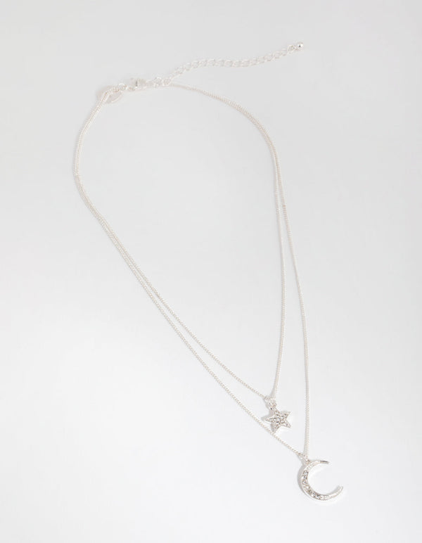 Silver Diamante Moon and Star Necklace