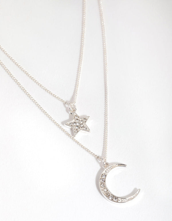 Silver Diamante Moon and Star Necklace