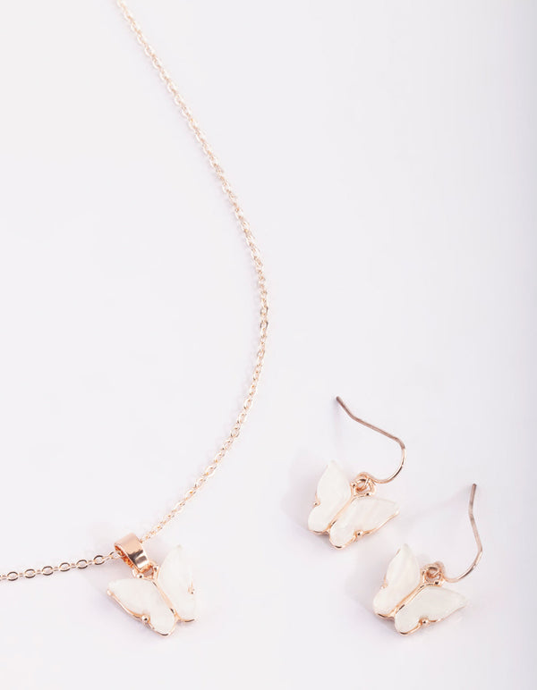 Set van roségouden vlinderketting en oorbellen