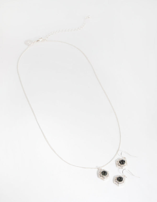 Silver Hexagon Halo Necklace and Earrings Set
