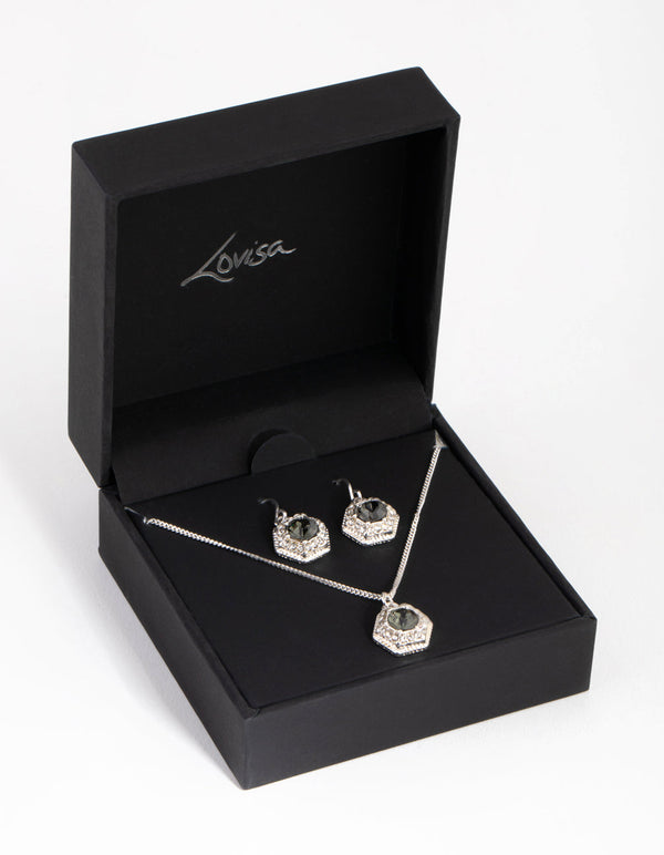 Silver Hexagon Halo Necklace and Earrings Set