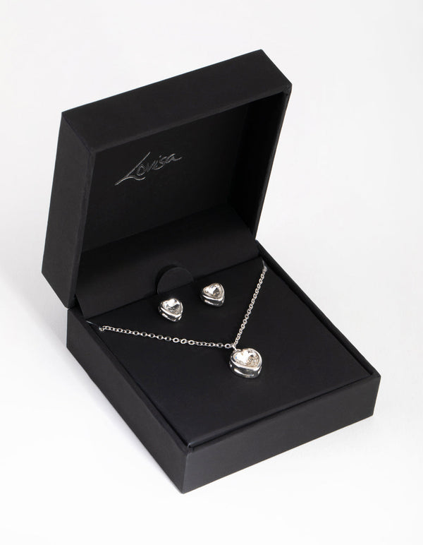 Silver Heart Necklace and Earrings Set