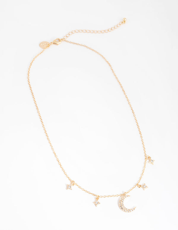 Gold Star and Moon Diamante Necklace