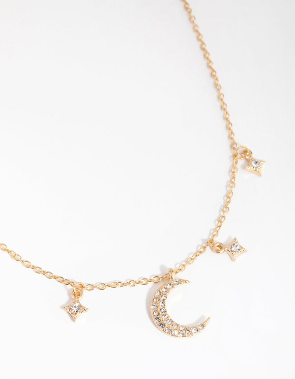 Gold Star and Moon Diamante Necklace