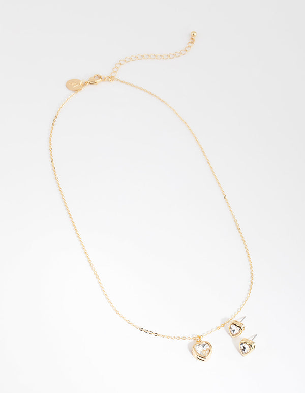Gold Small Heart Necklace and Earrings Set