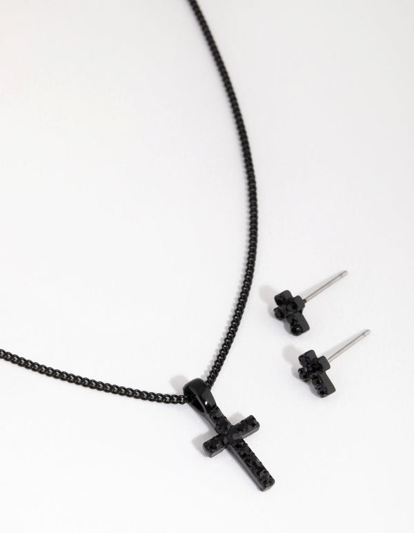 Black Diamante Cross Necklace and Earrings Set