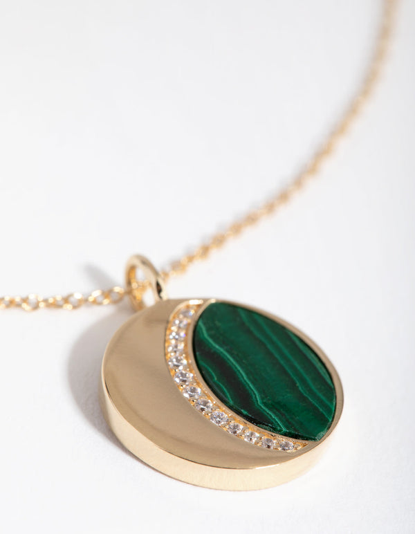Gold Malachite & Cubic Zirconia Moon Necklace