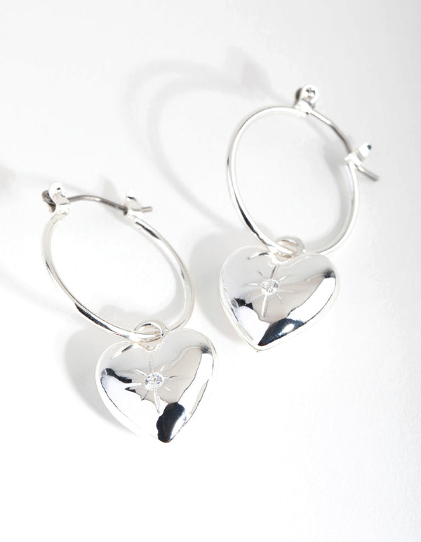 Silver Plated Cubic Zirconia Heart Hoop Earrings