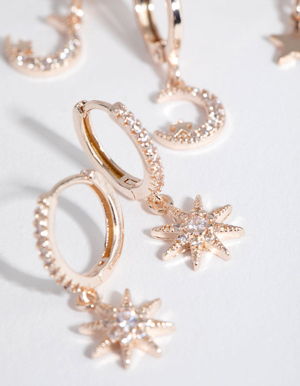Rose Gold Plated Star and Moon Huggie Earring 3-Pack