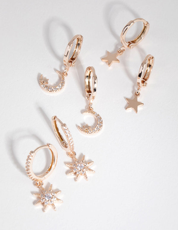 Rose Gold Plated Star and Moon Huggie Earring 3-Pack