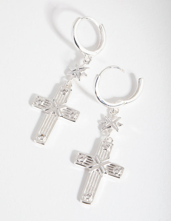 Silver Plated Cubic Zirconia Cross Star Huggie Earrings