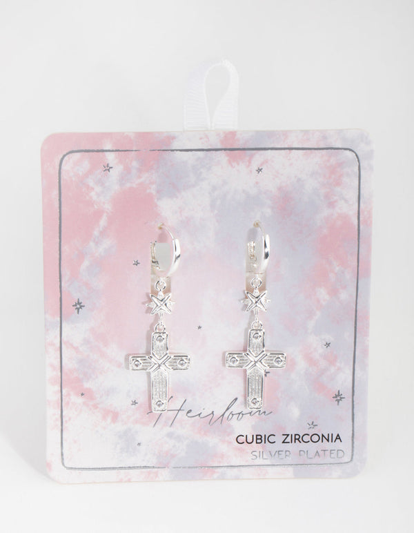 Silver Plated Cubic Zirconia Cross Star Huggie Earrings