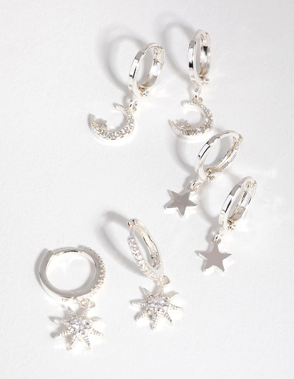 Silver Plated Star and Moon Huggie Earring 3-Pack